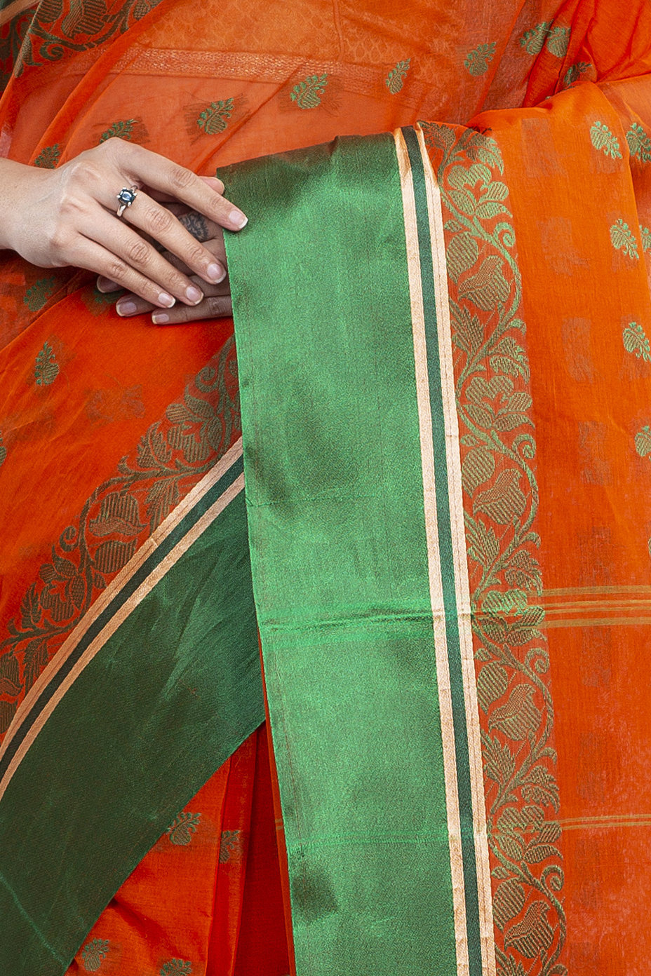 Orange Green Pure Cotton Sukla_Velvet Tant Saree (799)